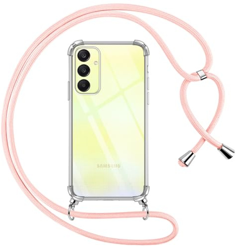 Pnakqil Coque pour Samsung Galaxy A25 avec Cordon, Transparente Silicone Housse avec Réglable de Collier Anti-Chute Etui pour Samsung A25, Ètuis à Bandoulière 6.5, Rose