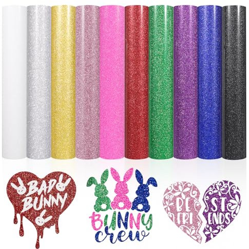 VINYL FROG Glitter Heat Transfer Vinyl 10 Pack12''x10'' cm Sparkle Iron on Vinyl Rainbow HTV Vinyl Sheets for DIY T-Shirt and Other