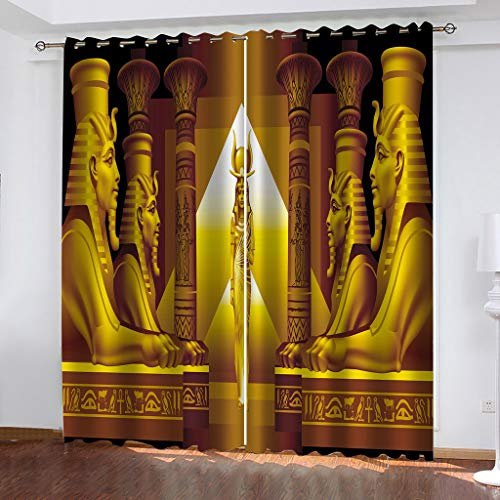 Vorhang Blickdicht 3D Druck Goldene Ägyptische Königin Muster Verdunkelungsvorhänge 210X264cm (HxB) Gardinen Mit Ösen Wohnzimmer Schlafzimmer Kinderzimmer Thermovorhang Ösenschal 2Er Set
