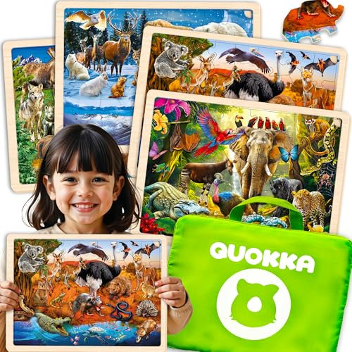 QUOKKA Kinderspielzeug Puzzle ab 3 4 5 Jahre - 4x24 Montessori Holzpuzzle Spiele ab 3 Jahre - Lernspiele Puzzle ab 5 - Geschenk Spielzeug ab 6 7 mit Polar -Tropen -Yellowstone - Australischen