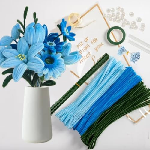Pfeifenreiniger Blumen Kit mit 150 Pcs Pfeifenputzer Bunt in 3 Farben(DunkelBlau,Hellblau,Grün),8 Blumendraht Grün,40 Perles,40 Staubgefäße,Kreppband,Blumenpapier,Geschenkband