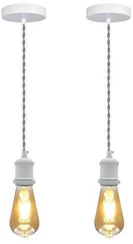 LEDSone Vintage E27 Pendant Light Fitting – White Hanging Ceiling Lamp Kit with Twisted Fabric 1m Cable & Rose – Industrial Retro Style for Kitchen, Bar, Dining Room