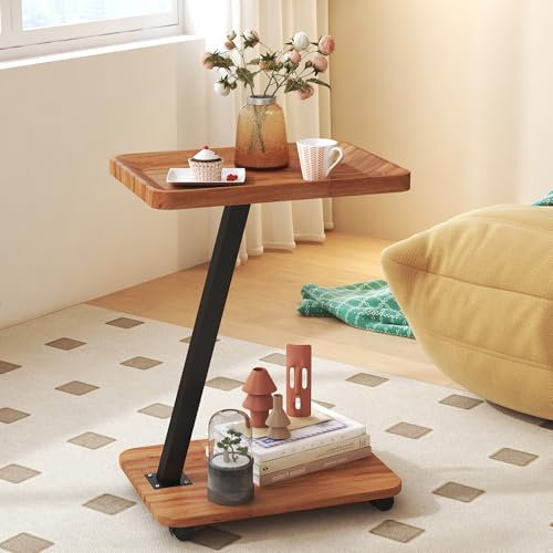 GOLDFAN Beistelltisch mit Rollen Modern Sofatisch mobiler Kaffeetisch Couchtisch klein Telefontisch, 2 Tier Kleiner Tisch für Wohnzimmer Schlafzimmer Balkon, Walnuss 40x30x56,5cm