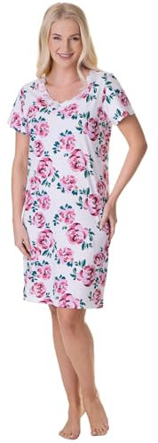 Camille Womens Nightdresses Smooth Soft 100% Cotton - Short Sleeved Breathable & Lightweight Summer Nighties - White Rose - 14-16