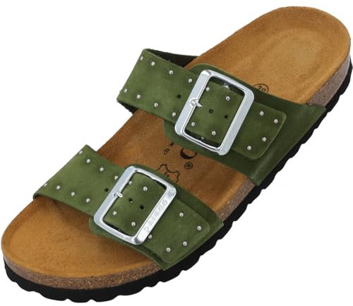 Palado Pantoletten Damen Samos Glint by Sila Sahin - bequeme Sandalen Made in Spain - Hausschuhe mit Kork-Fußbett - modische Sommerschuhe Grün UK6 - EU39