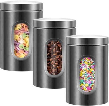 LYFJXX 3 Pieces Canisters Sets for the Kitchen, Stainless Steel Food Container Organizer with Transparent Window, Kitchen Counter Storage Jars for Coffee Tea Nuts Flour Sugar (Grey)