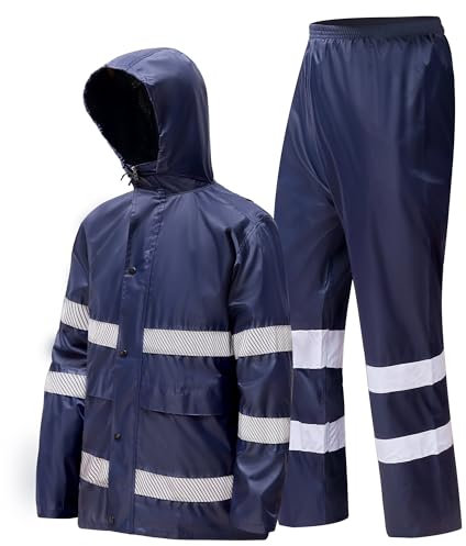 MeiLayM Combinaison de Pluie pour Homme Imperméable Ensemble Veste Homme Pantalon Imperméables Réfléchissante Pluie et Coupe-Vent Veste De Pluie Légère Pluie Moto Pluie Bleu marine,XXL