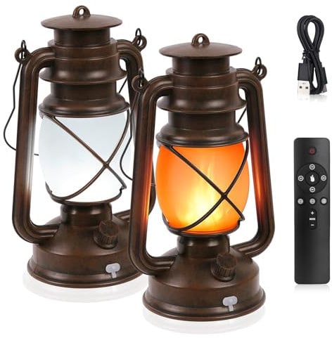 Shinmax Farolillos para exteriores, 2 unidades, estilo retro, para exteriores, efecto de llama, USB, resistente a la intemperie, con mando a distancia
