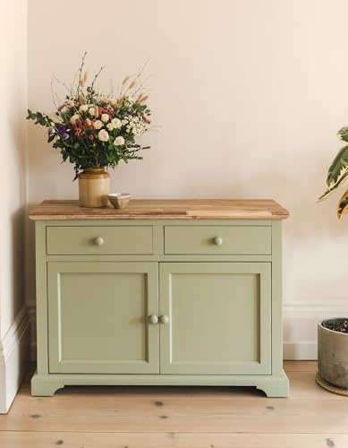 Florence Sideboard, Kitchen Cupboard | Sage Green Cabinet with 2 Doors, 2 Drawers | W120cm, D42cm, H85cm Large Wooden Storage Buffet Table | Fully Assembled Dining Living Room Furniture