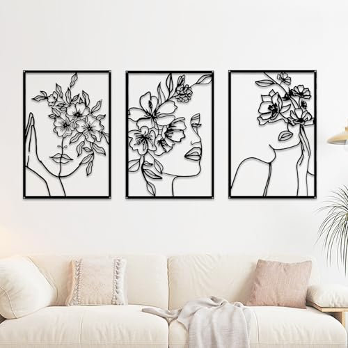 3 Pacchetto Decorazioni da Parete in Metallo, Moderna Femminile Arte da Muro di Donna Astratta Minimalista Nera Sculture Murali a Linee in Metallo da Appendere, Nero Decorazione da Parete in Metallo