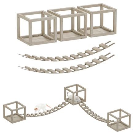 Katzen Kletterwand Set mit 2 Brücken und 3 Liegen aus Holz Deckenmontage Anpassbar