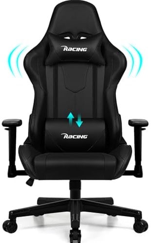 Homimaster Gaming Stuhl, Bürostuhl Ergonomisch mit verstellbare Lendenkissen, Kopfkissen und Armlehnen,Gaming Chair Gepolstert,Gamer Stuhl Wippfunktion,Gaming Stuhl 150 kg Belastbarkeit, Schwarz