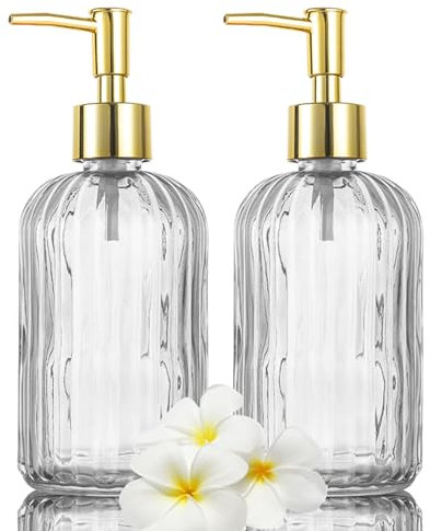 KOOSREEL 2 Pack Versatile Glass Soap, 17 Oz Dripless Pump Bottle, Refillable Liquid Hand Jar Dispenser for Bathroom, Countertop, Kitchen, Laundry Room-Clear, 17OZ