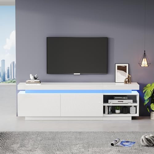 BTM Meuble TV Blanc avec LED, 2 Portes et Compartiments, Moderne Banc TV Longueur pour Télévisions 70 Pouces, Charge 50kg, 170x35x50 cm, Blanc