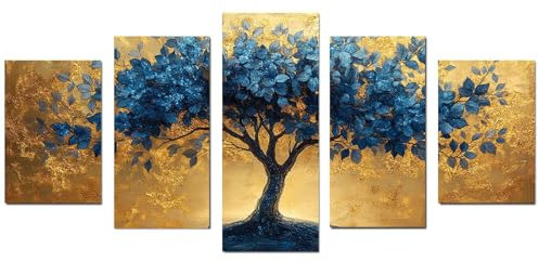 JOSUE 5er Set Leinwand Bilder XXL Wohnzimmer Schlafzimmer Büro Flur Küche Wandbilder, Minimalistischer Baum des Lebens Modern GemäLde Wanddekoration Kunstdruck - 100x200cm Ungerahmt(Blau)