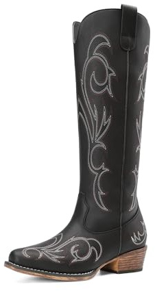 DREAM PAIRS Damen Kniehohe Westernstiefel Cowboy-Stiefel | Feine Stickerei, Halber Reißverschluss, Anziehlasche, Bequeme Decksohle, 4cm Absatz, Vielseitig & Mühelos Kombinierbar