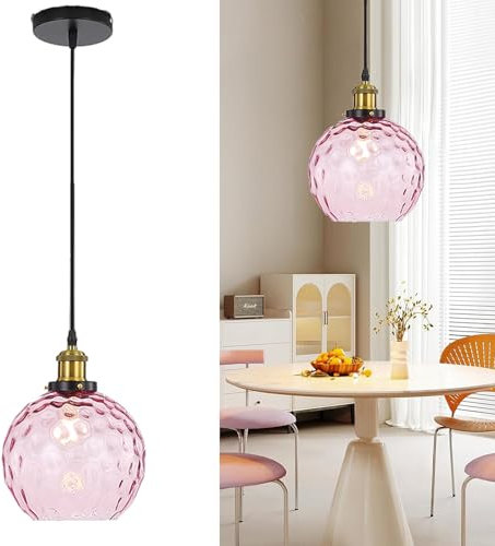 HJXDtech Lámpara de techo Colgante Vintage Industrial Globo de Cristal 20cm, Luz Colgante de Estilo Loft Anqitue de Latón con Base E27 para Comedor, Dormitorio o Cocina (Rosa)