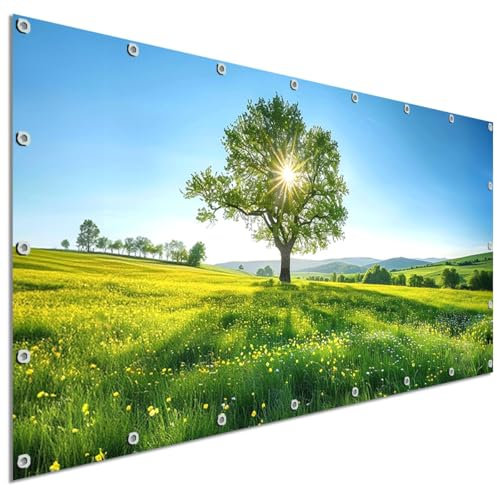 TRIOSK Sichtschutz Balkon Deko Plane Balkonblende Blickdicht mit Motiv Blumenwiese Baum Sonnenlicht für Garten Terrasse Gartenzaun Balkonverkleidung Blickschutz PVC groß 200x100 cm
