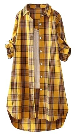 Angxiwan Denim Shirt Women Plaid Shirts for Women UK Plus Size Button Long Sleeve Summer Cardigan Casual Loose Fit Flowy Hem Tunic Tops Elegant Collar Linen Blouses