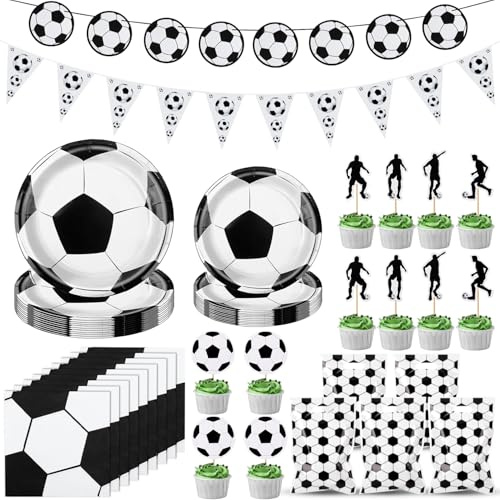 Fzyisw 80 Stück Fußball Deko Kindergeburtstag Set, Fußball Party Deko | Fußball Papiertellern, Servietten, Geschenktüten, Fahnen und Kuchendeko – Komplette Partygeschirr Dekoration für Geburtstag
