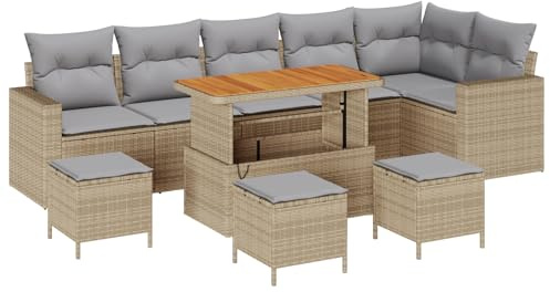 vidaXL Garten-Sofa-Set 10 pcs Beige Poly-Rattan, Garten und Terrasse, modernes Sofa Set, wetterfest, Bequeme Sitzgelegenheiten, Akazienholz, Rattan-Möbel