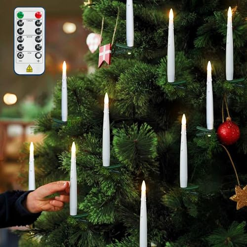 yunsheng Weihnachtsbaumkerzen mit Fernbedienung und Timer, batteriebetriebene flammenlose LED-Kerzen, flackernde Christbaumkerzen kabellos mit grünen Clips, 12 Stück