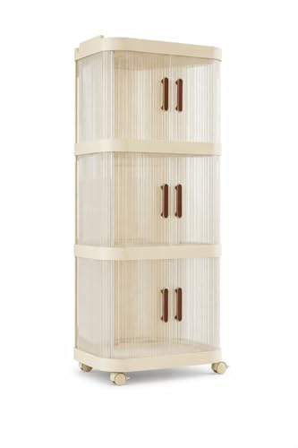 AWOI Slim Bathroom Cabinet Storage with Wheels, 3 Tier Clear Plastic Narrow Organiser Unit, Waterproof Mobile Cart with 3-Sided Access Doors for Tight Spaces & Gaps