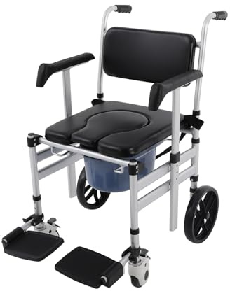 Klappbarer Toilettenstuhl, Höhenverstellbarer Duschstuhl mit Rollen, Mobiler Nachtstuhl mit gepolsterter Sitzfläche und Eimer, Bis 150 kg (U-förmig)