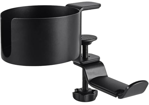 BAFOVY Desk Cup Holder with Headphone Hanger 2 in 1 Headphone Stand with Cup Holder 360° Rotating Design Clamp Mount for Office Desk Accessories No Drilling Required (Black)