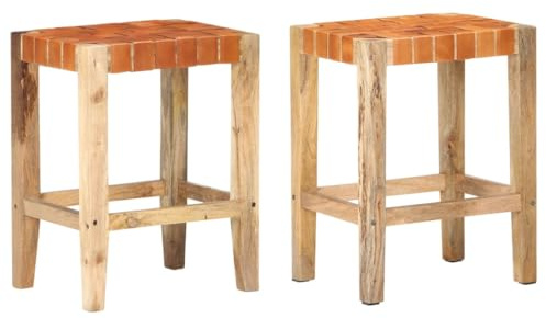 QUAHEAS Echtleder Barhocker Set, 2 Stück, Braun, 60 cm Hoch, Robuste Massivholz-Küchenstühle für Esszimmer & Theke, Bequeme Counter Barstools, Langlebige Möbel für Zuhause