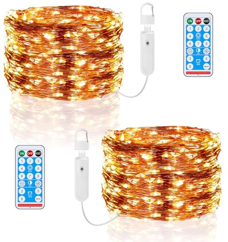 Philorn Mini Lichterkette, 2 Stück 10m 100 LED Micro LED Lichterdraht mit Batterie 8 Modi/Timer/Fernbedienung, Wiederaufladbar Kupferdraht Lichterkette, IP44 für DIY, Hochzeit, Party, Valentinstag(2)