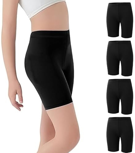 InfiniZer 4 Pack Girls Cycling Shorts Breathable Dance Cycle Gymnastic PE Shorts Under Dress Leggings for Teen Kids Girls Age 5-12