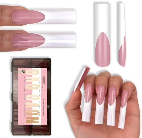 NOVO OVO Press on Nails XXL Square - Lot de 150 pointes d'ongles en gel souple, pré-collées Berry Pink & White French, extra longues 46 mm, forme droite, faux ongles en PMMA à coller (pas de courbe en