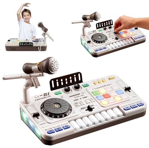 DJ Pult für Kinder, DJ Mischpult, DJ Controller Mixer mit Mikrofon 100+ Soundeffekten, Bluetooth Dynamischen Lichteffekten, Dj Pult Anfänger Kinder Geschenk für DJ-Anfänger Jungen Mädchen 3-12 Jahre