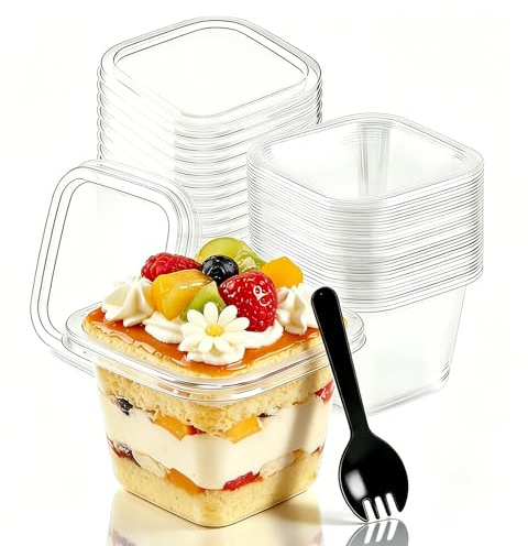 ZIVAL 100 Pack 360ml Plastic Dessert Cups with Lids & Sporks, 12 OZ Square Reusable Dessert Bowls Cheesecake Pots Plastic Yogurt Parfait Cups for Cupcake Mousse Yogurt Pudding Fruits Ice Cream Snacks