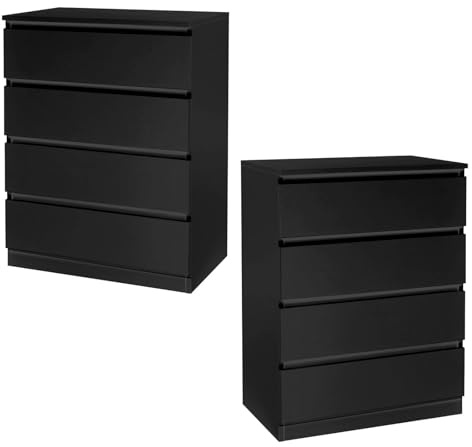 LEADZM Kommode 2er Set Schlafzimmer Kommode mit 4 Schubladen, Schwarz | für Wohnzimmer, Schlafzimmer, Flur, Schrank, Sideboard, Highboard