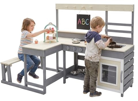 Joyz Juego de Cocina para Niños +3 Años, Madera Maciza de Abeto, con Mesa, Banco, Pizarra y Accesorios Completos, Cocinita de Barro Infantil Juego de Chef de Exterior Resistente a la Intemperie