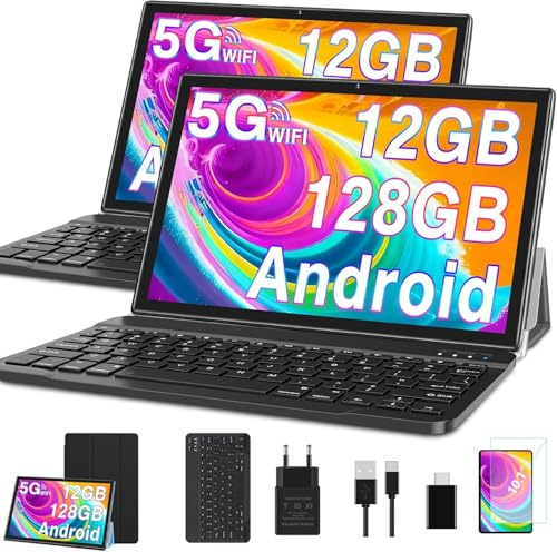 Android Tableta de 10.1 pulgadas 12 GB RAM + 128 GB ROM+TF de 2 TB, 5G + 2,4G WiFi, GPS, BT5.0, certificación GMS, 6000 mAh,Cámara dual de 8 + 5 MP, Cast, OTG, tipo C,Funda, teclado y ratón - Negro