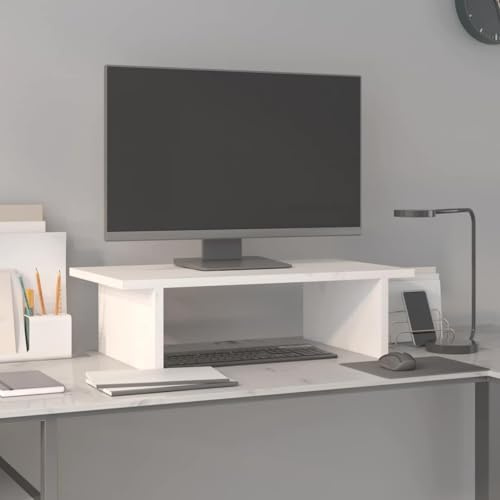 QUAHEAS Monitor Stand, White, Made of Solid Pine Wood, 50 x 27 x 15 cm, Sturdy Desk Organiser with Shelf for Laptop, PC, Tablet, Ergonomic Raiser for Back and Neck in Home Office