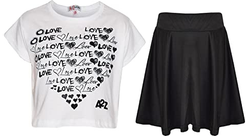 A2Z 4 Kids Girls Love T Shirt Skirt Set Soft Feel - New Crop Top Love Skirt White 13