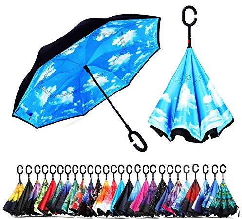 NNY Inc Double Layer Inverted Umbrella Cars Reverse Open Folding Umbrellas, Windproof UV Protection Large Self Stand Upside Down Straight Umbrella for Golf Women and Men with C-Shaped (Sky)