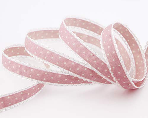 finemark 3 m x 15 mm Dekoband Emily Rosa gepunktet mit Spitze am Rand Schleifenband Band zum nähen dekorieren Geschenkband Vintage Landhaus