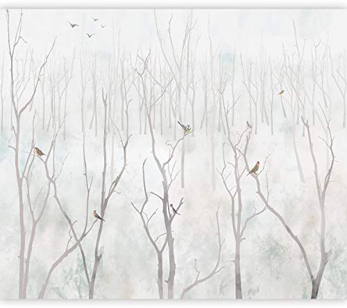 murando Fototapete selbstklebend Bäume 294x210 cm Tapete Wandtapete Klebefolie Dekorfolie Tapetenfolie Wand Dekoration Wandaufkleber Wohnzimmer Vogel Wald Nebel Natur grau wie gemalt