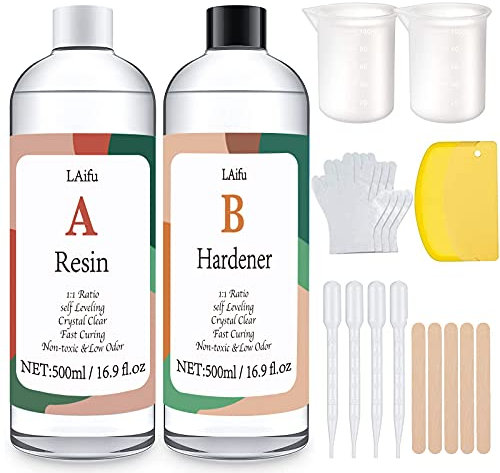 Epoxy Resin Kits - 1000ml/33.8oz 2 Part Crystal Clear Casting Resin Kit With Graduated Cups,Droppers, Sticks, Gloves and Plastic Scrapers for Tumblers, Jewelry Resin, Molds, DIY Crafting Kit