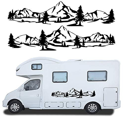 MIOLOE Wohnmobil Wohnwagen Aufkleber 2 x Berge Umriss Schweller Gebirge mit Wald Abenteuer Urlaub wandern Camping ca 150cm (Schwarz)