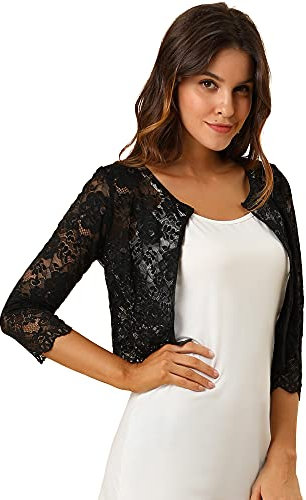 Allegra K Damen Brautjacke Spitzen Bolero Festlich Kurz 3/4 Ärmel Durchsichtig Blumen Spitze Shrug Crop Cardigan Boleros Schwarz S