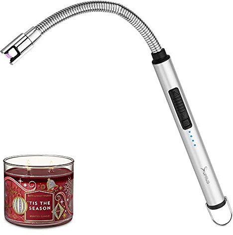 SUPRUS Kerzenanzünder, wiederaufladbar, elektrisches Lichtbogen-Feuerzeug, dreifaches Sicherheitsfeuerzeug, Edelstahlgehäuse & Aufhängehaken mit 360° flexiblem Hals (Silber-)