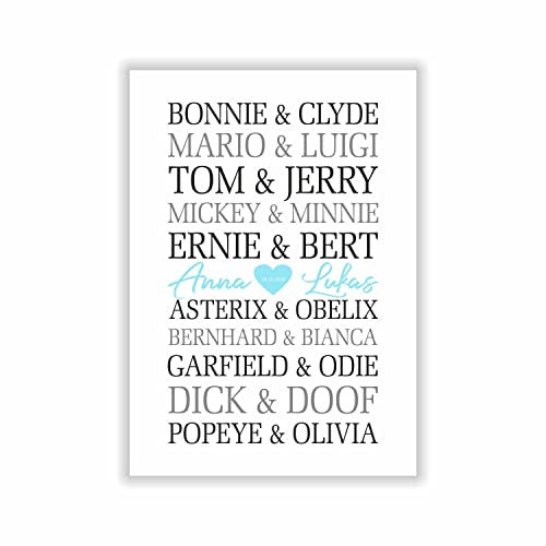 Traumpaare - berühmte Paare - Geschenk Bild mit Namen optional mit Datum personalisiert Geschenkidee Weihnachten Valentinstag Verliebte Paare Mann Frau