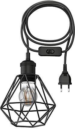 ledscom.de 3 m Textilkabel RETRA, Vintage, Stecker, Schalter, schwarz, Käfig-Schirm + LED Lampe 370lm, extra-warmweiß