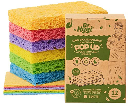 DR HYGI PopUp Schwämme, Schwamm aus natürlicher Zellulose, super saugfähiger Schwamm für Geschirr, biologisch abbaubarer Schwamm, recycelbare Verpackung (12erPack ÖkoSchwämmeSet)